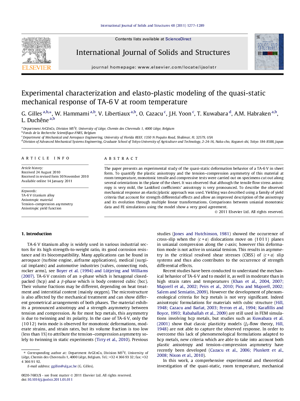 Experimental characterization and elasto-plastic modeling of the quasi-static mechanical response of TA-6 V at room temperature