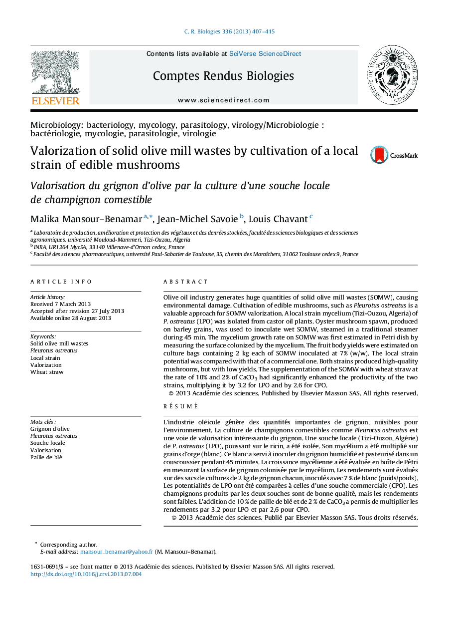 Valorization of solid olive mill wastes by cultivation of a local strain of edible mushrooms