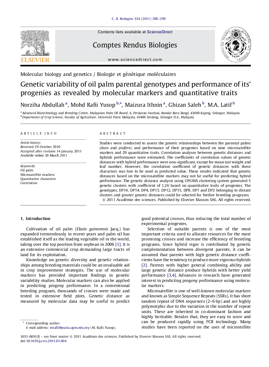 Genetic variability of oil palm parental genotypes and performance of its’ progenies as revealed by molecular markers and quantitative traits