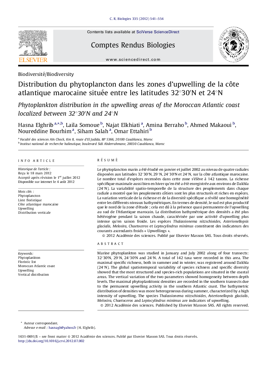 Distribution du phytoplancton dans les zones d’upwelling de la côte atlantique marocaine située entre les latitudes 32°30′N et 24°N