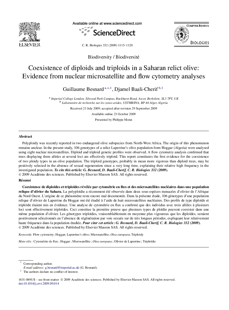 Coexistence of diploids and triploids in a Saharan relict olive: Evidence from nuclear microsatellite and flow cytometry analyses