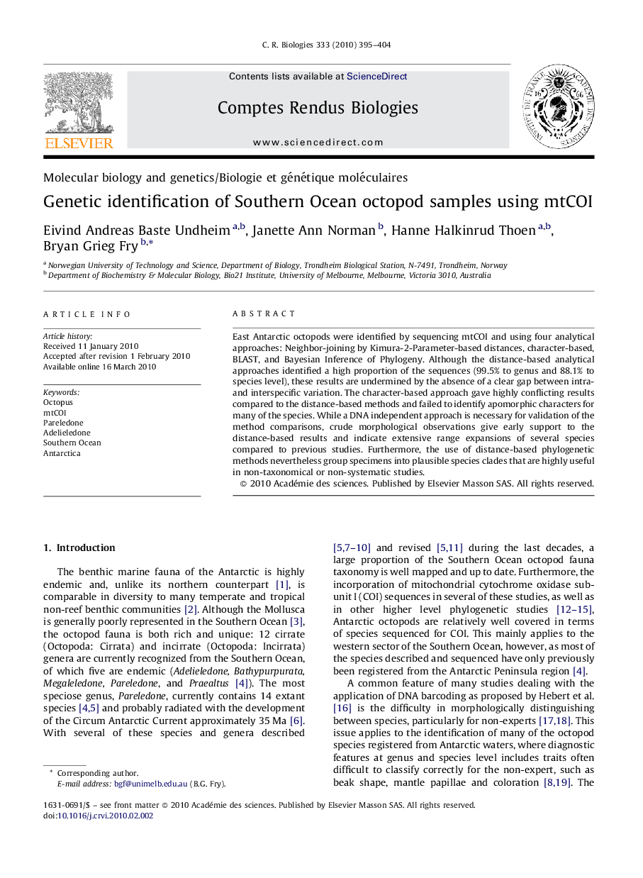 Genetic identification of Southern Ocean octopod samples using mtCOI