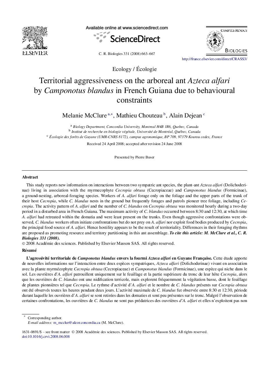 Territorial aggressiveness on the arboreal ant Azteca alfari by Camponotus blandus in French Guiana due to behavioural constraints