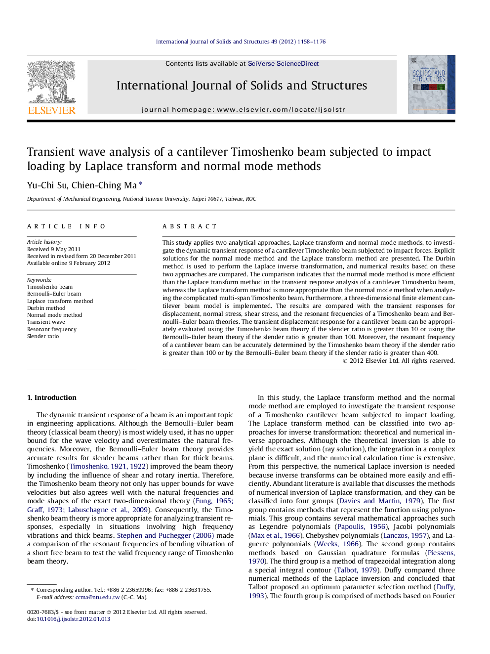 Transient wave analysis of a cantilever Timoshenko beam subjected to impact loading by Laplace transform and normal mode methods