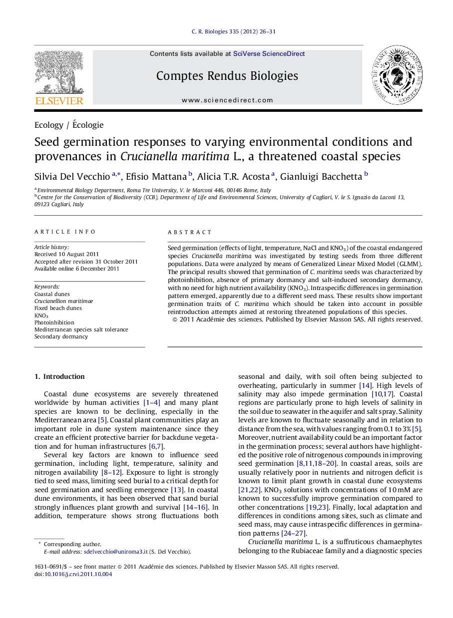 Seed germination responses to varying environmental conditions and provenances in Crucianella maritima L., a threatened coastal species