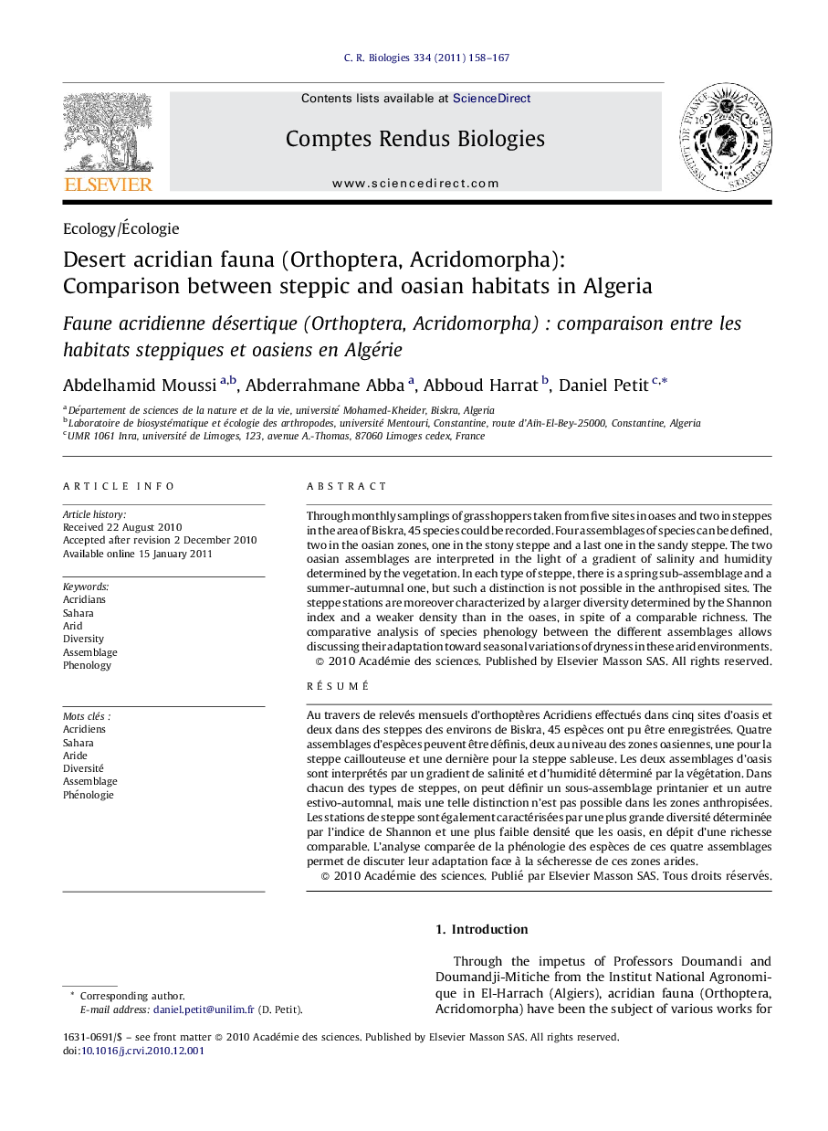 Desert acridian fauna (Orthoptera, Acridomorpha): Comparison between steppic and oasian habitats in Algeria