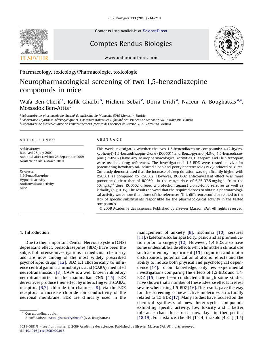 Neuropharmacological screening of two 1,5-benzodiazepine compounds in mice