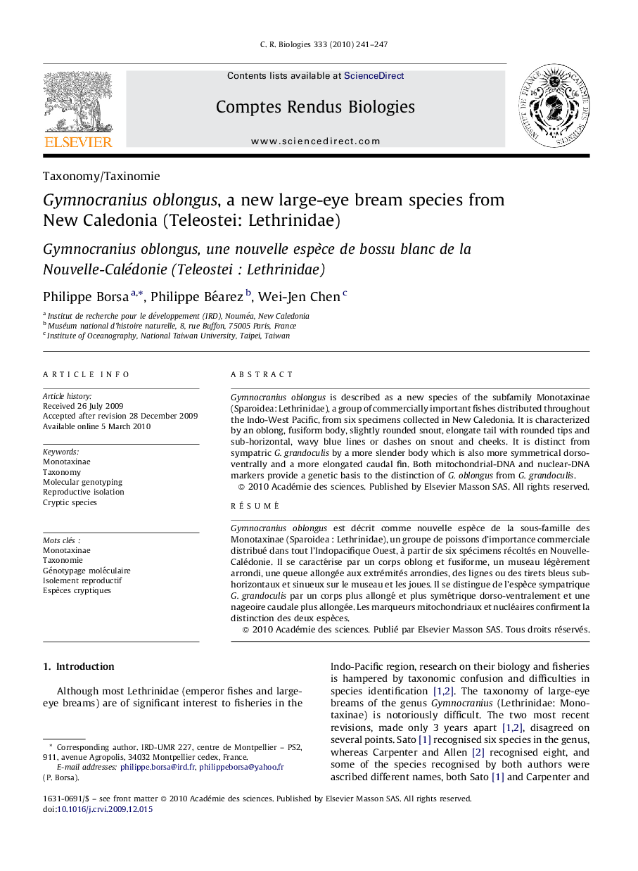 Gymnocranius oblongus, a new large-eye bream species from New Caledonia (Teleostei: Lethrinidae)