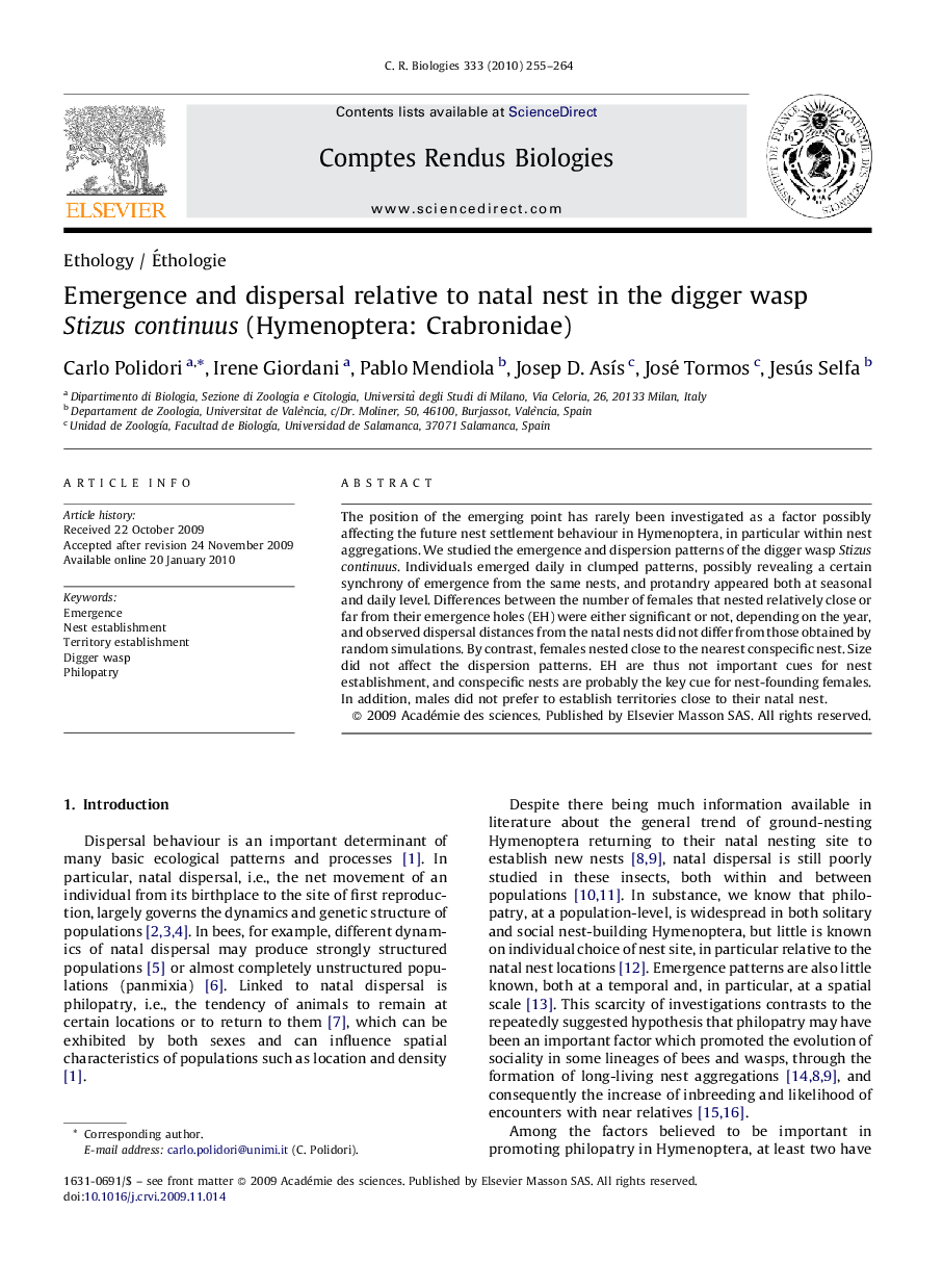 Emergence and dispersal relative to natal nest in the digger wasp Stizus continuus (Hymenoptera: Crabronidae)