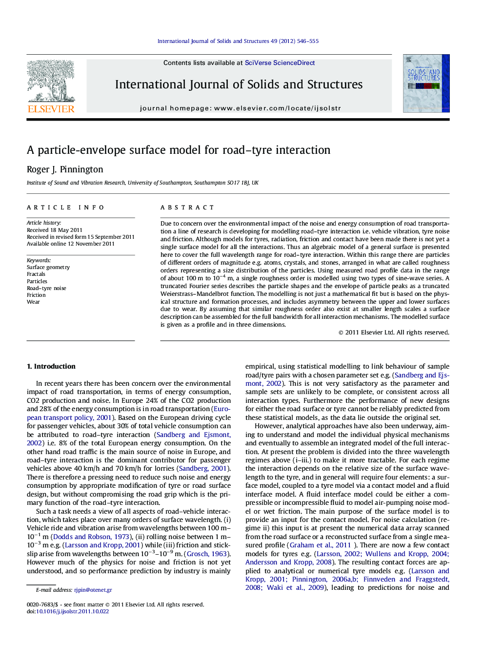 A particle-envelope surface model for road–tyre interaction