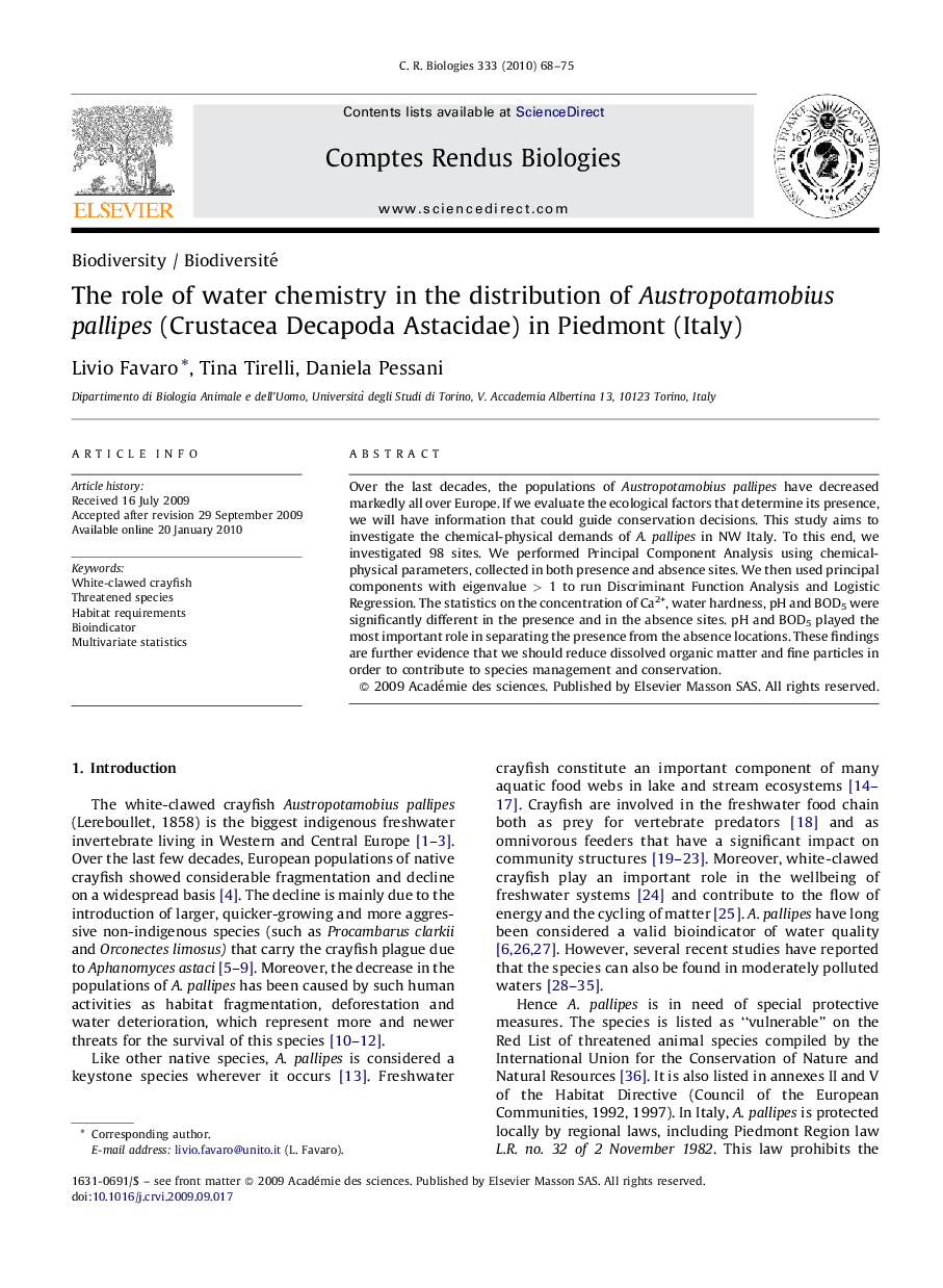 عکس صفحه اول مقاله: The role of water chemistry in the distribution of Austropotamobius pallipes (Crustacea Decapoda Astacidae) in Piedmont (Italy) The role of water chemistry in the distribution of Austropotamobius pallipes (Crustacea Decapoda Astacidae) in Piedmont (Italy)