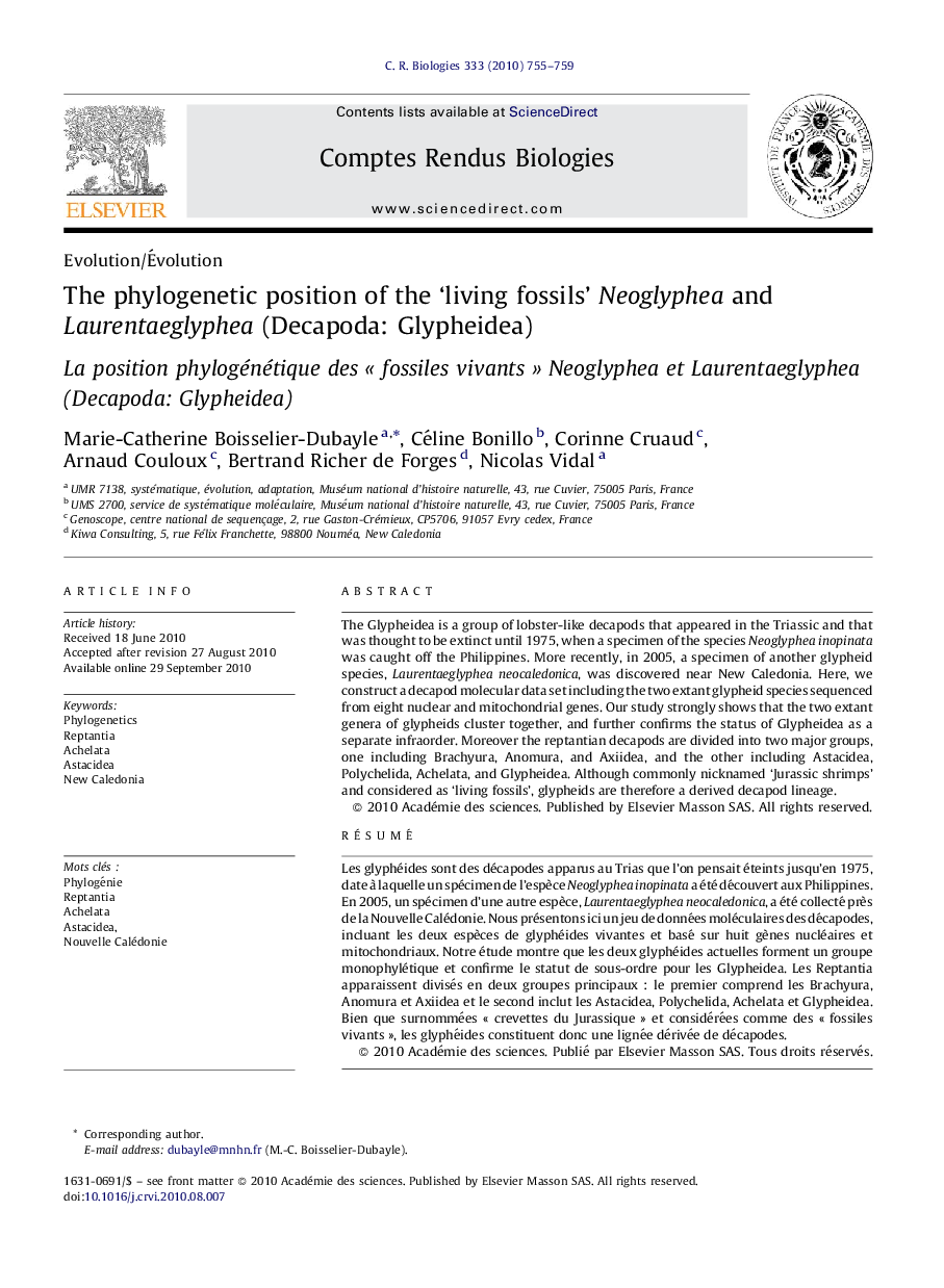 The phylogenetic position of the 'living fossils' Neoglyphea and Laurentaeglyphea (Decapoda: Glypheidea)