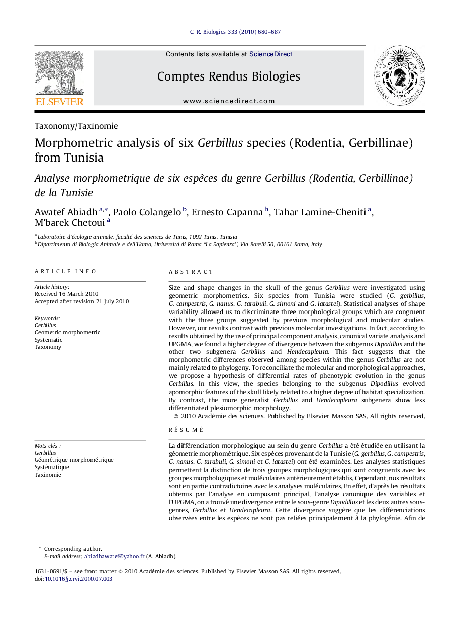 Morphometric analysis of six Gerbillus species (Rodentia, Gerbillinae) from Tunisia