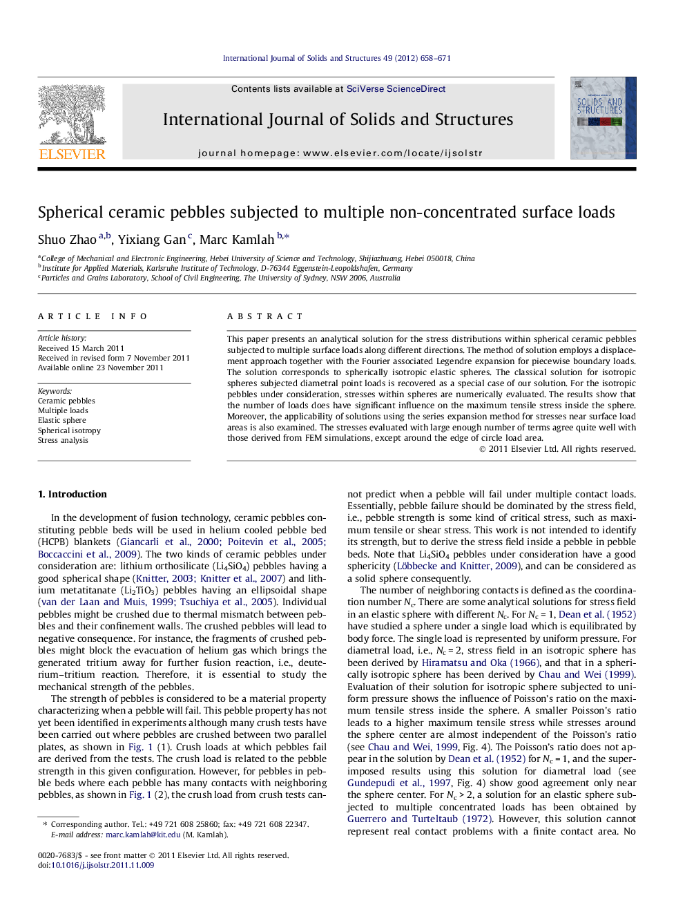 Spherical ceramic pebbles subjected to multiple non-concentrated surface loads