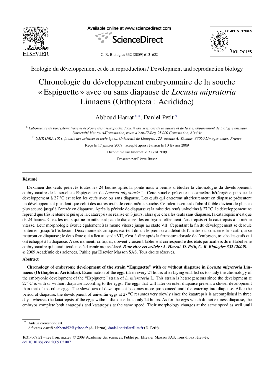 Chronologie du développement embryonnaire de la souche « Espiguette » avec ou sans diapause de Locusta migratoria Linnaeus (Orthoptera : Acrididae)