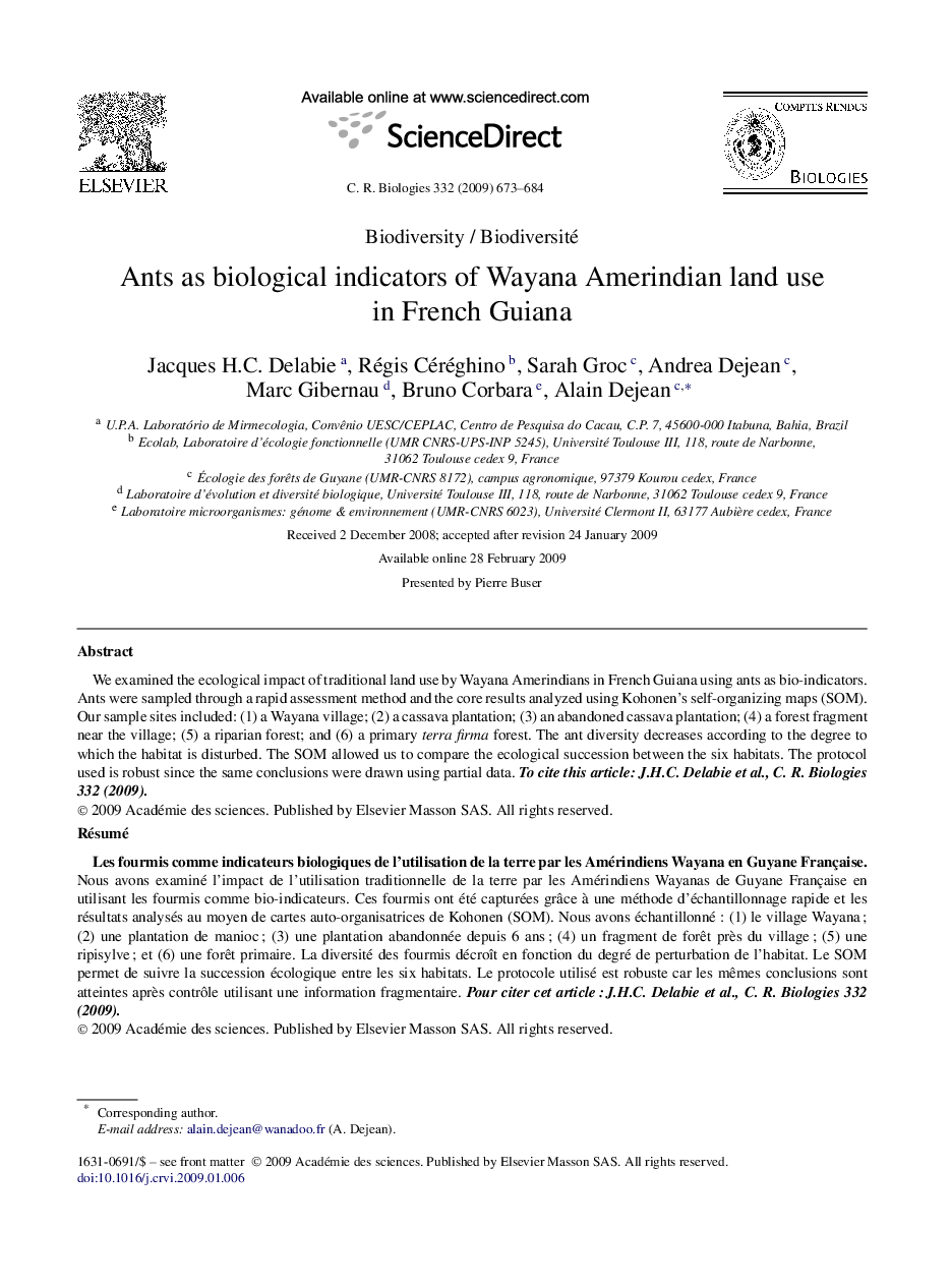 Ants as biological indicators of Wayana Amerindian land use in French Guiana