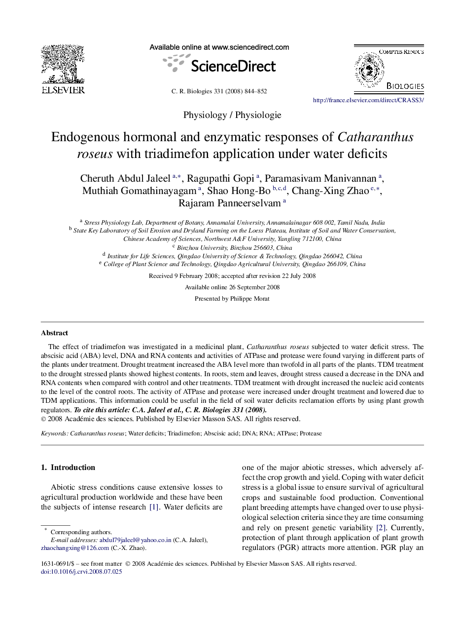 Endogenous hormonal and enzymatic responses of Catharanthus roseus with triadimefon application under water deficits