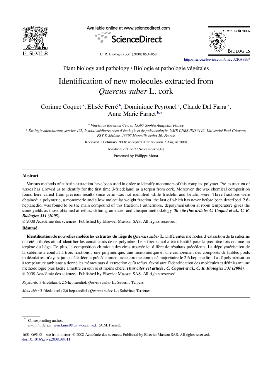 Identification of new molecules extracted from Quercus suber L. cork