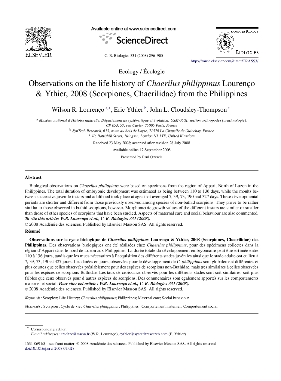 Observations on the life history of Chaerilus philippinus Lourenço & Ythier, 2008 (Scorpiones, Chaerilidae) from the Philippines