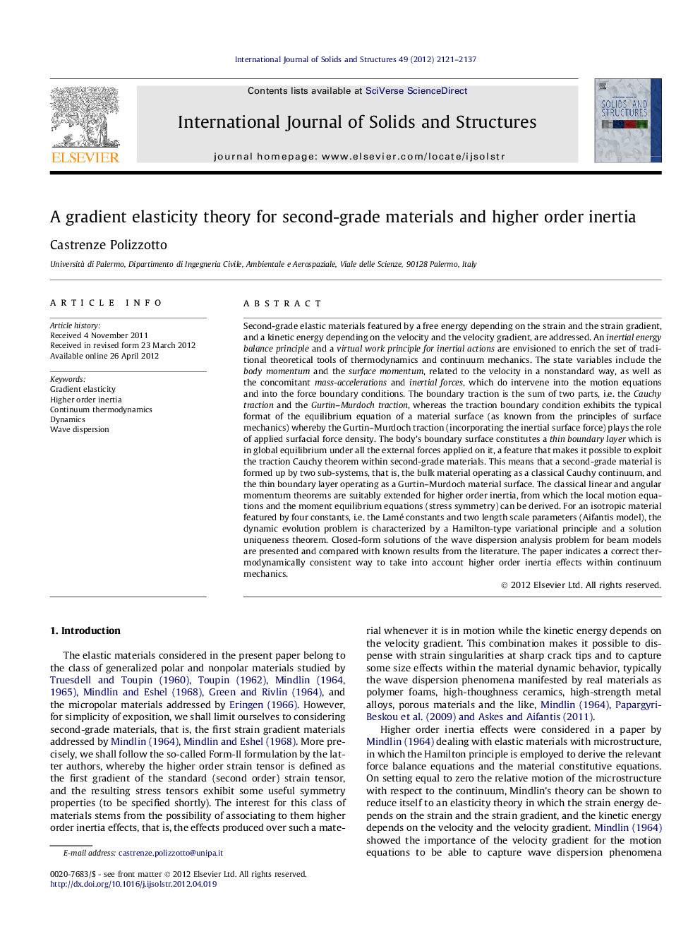 A gradient elasticity theory for second-grade materials and higher order inertia