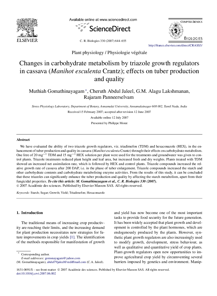 Changes in carbohydrate metabolism by triazole growth regulators in cassava (Manihot esculenta Crantz); effects on tuber production and quality