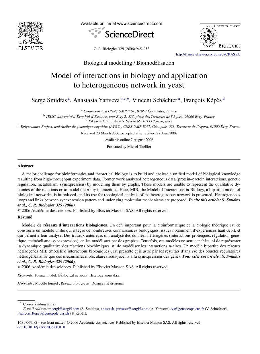 Model of interactions in biology and application to heterogeneous network in yeast