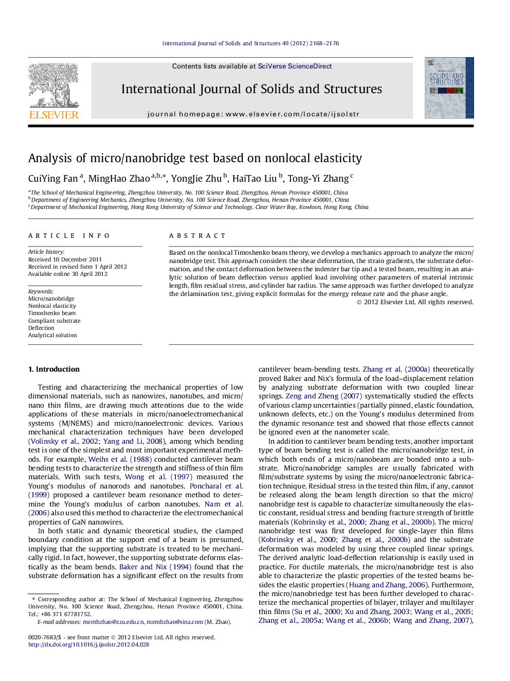 Analysis of micro/nanobridge test based on nonlocal elasticity