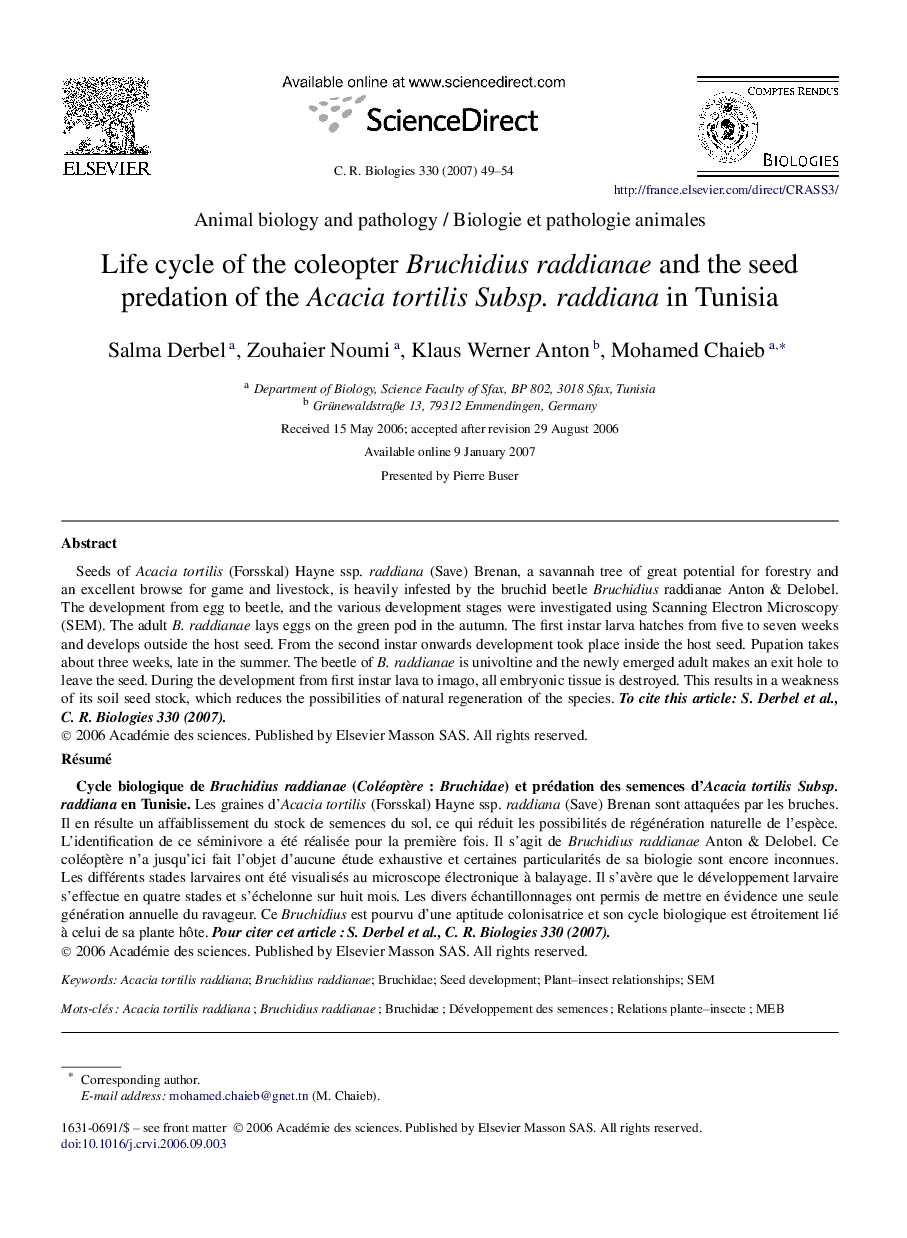 Life cycle of the coleopter Bruchidius raddianae and the seed predation of the Acacia tortilis Subsp. raddiana in Tunisia