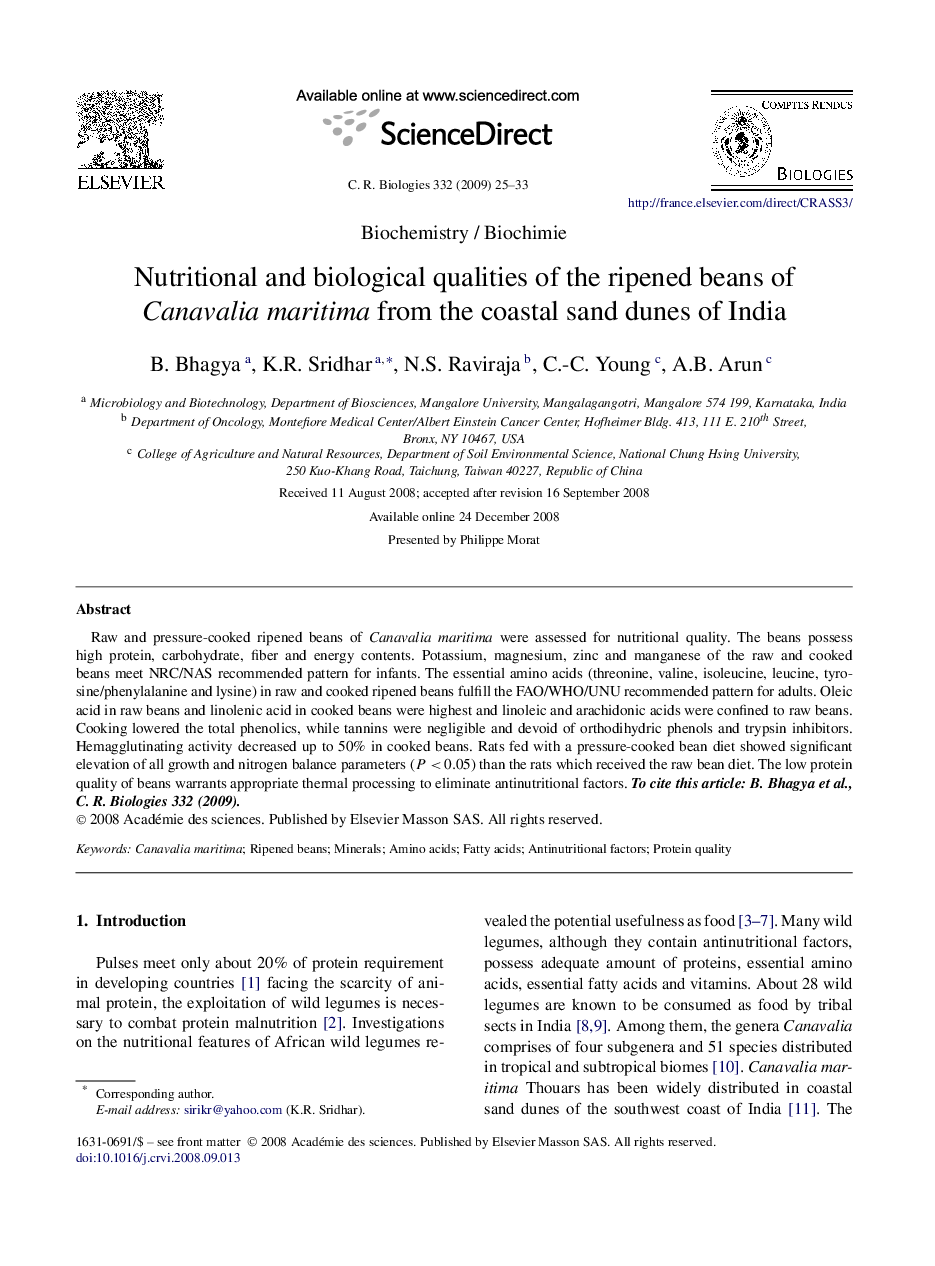 Nutritional and biological qualities of the ripened beans of Canavalia maritima from the coastal sand dunes of India