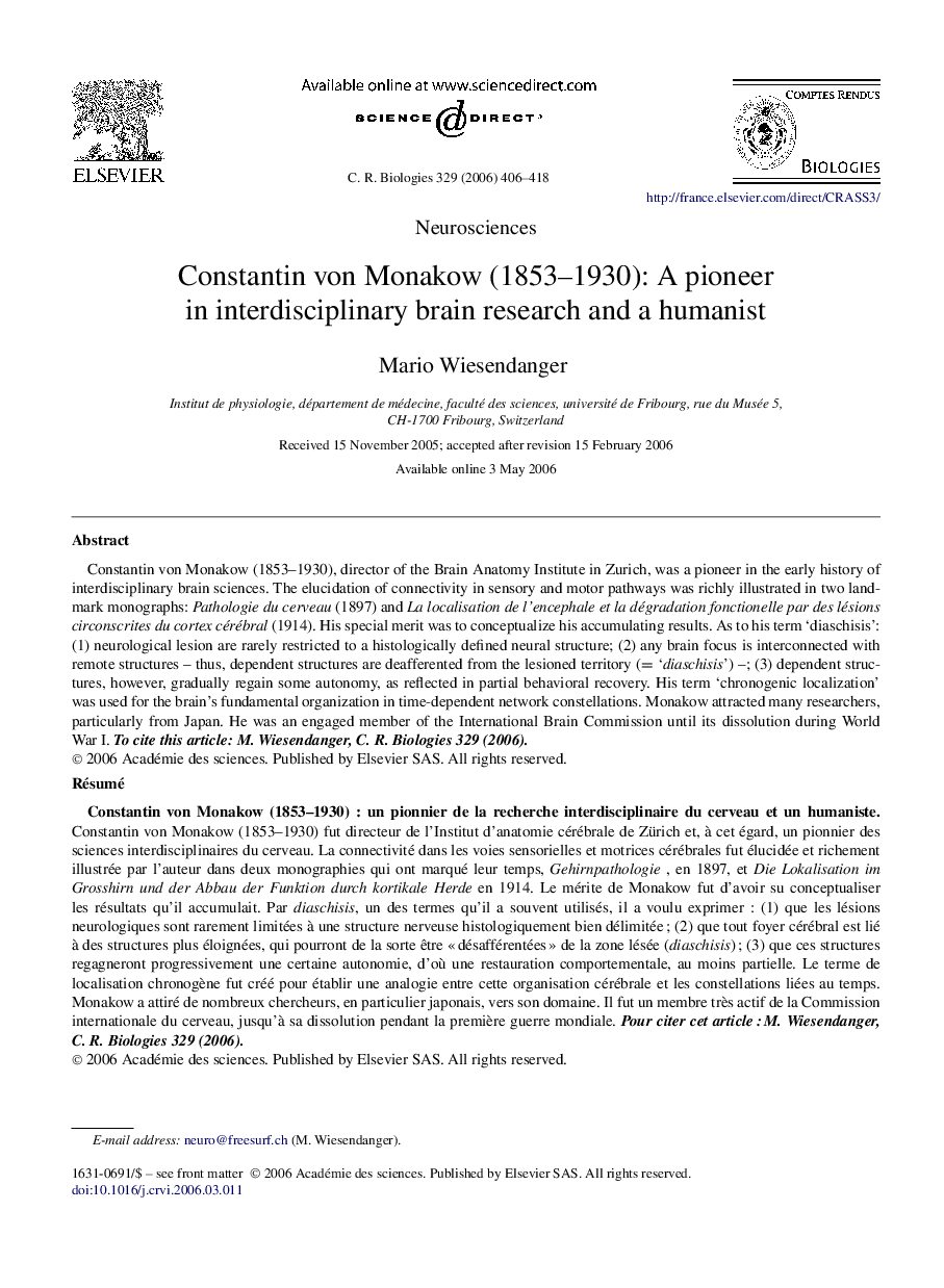 Constantin von Monakow (1853–1930): A pioneer in interdisciplinary brain research and a humanist