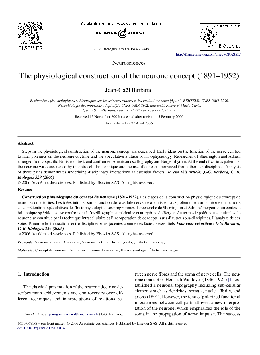 The physiological construction of the neurone concept (1891–1952)