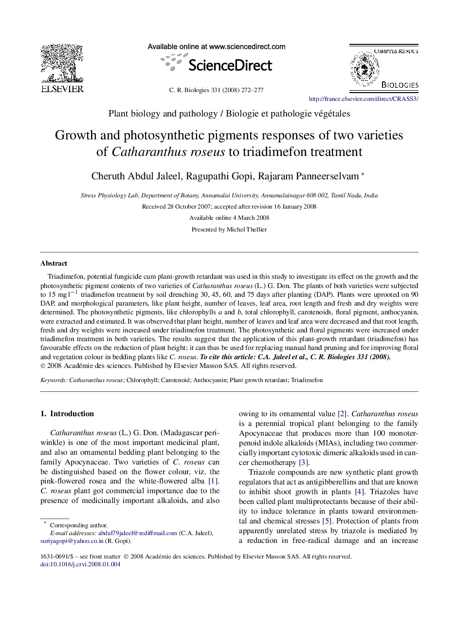 Growth and photosynthetic pigments responses of two varieties of Catharanthus roseus to triadimefon treatment