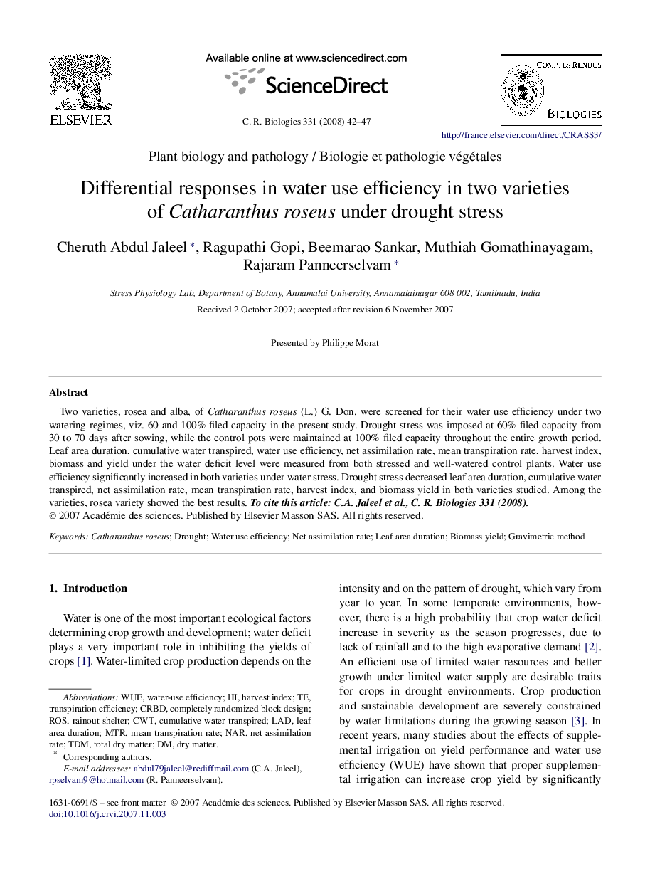 Differential responses in water use efficiency in two varieties of Catharanthus roseus under drought stress