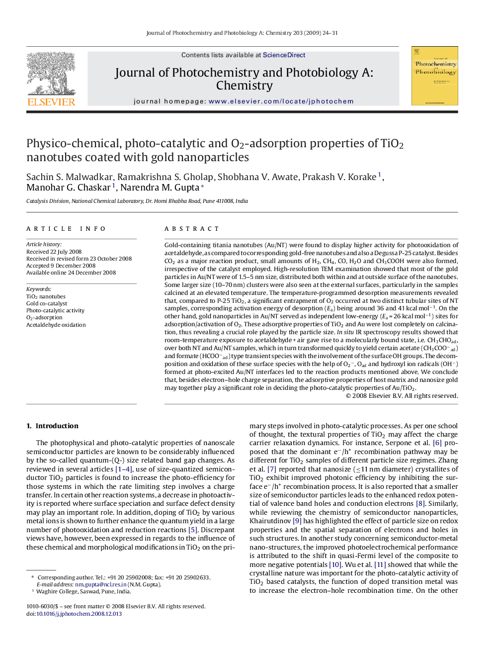 Physico-chemical, photo-catalytic and O2-adsorption properties of TiO2 nanotubes coated with gold nanoparticles