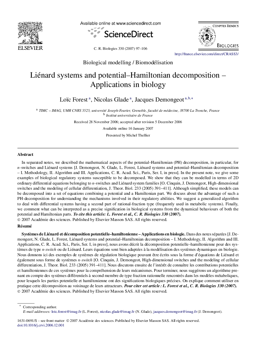 Liénard systems and potential–Hamiltonian decomposition – Applications in biology