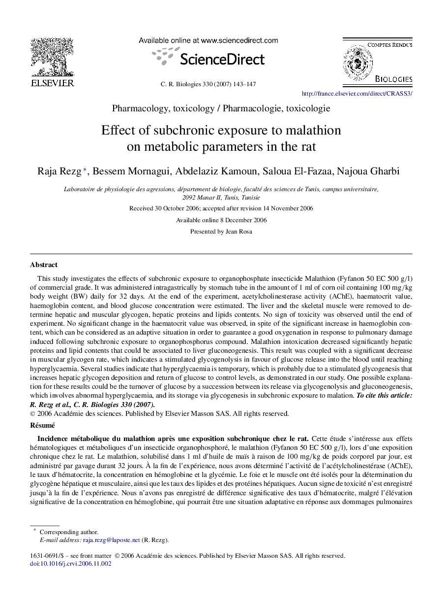 Effect of subchronic exposure to malathion on metabolic parameters in the rat