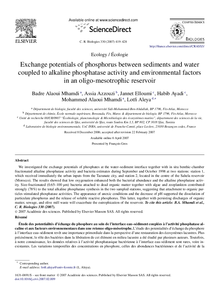 Exchange potentials of phosphorus between sediments and water coupled to alkaline phosphatase activity and environmental factors in an oligo-mesotrophic reservoir