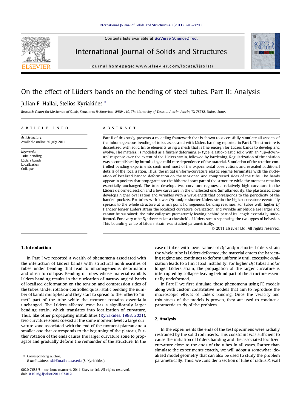 On the effect of Lüders bands on the bending of steel tubes. Part II: Analysis