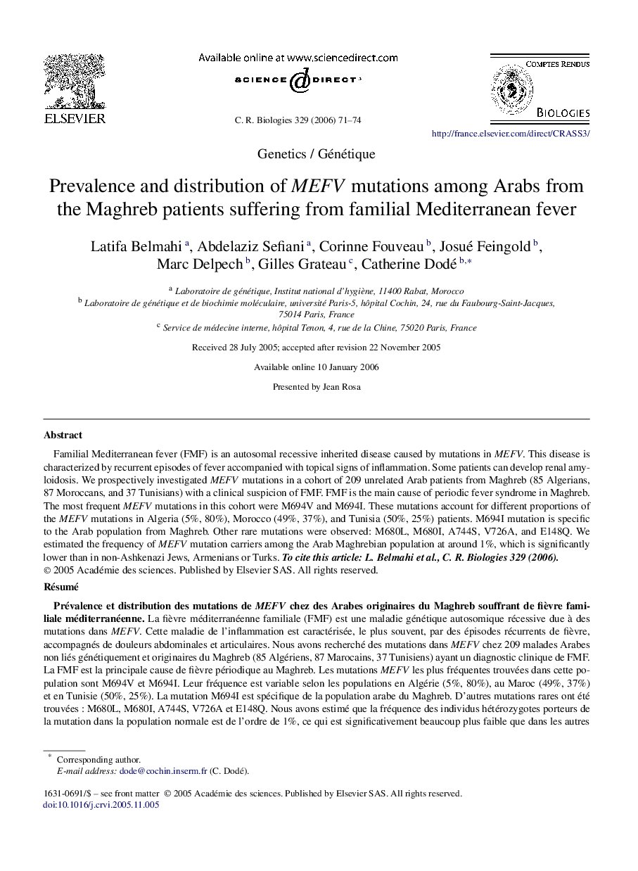 Prevalence and distribution of MEFV mutations among Arabs from the Maghreb patients suffering from familial Mediterranean fever