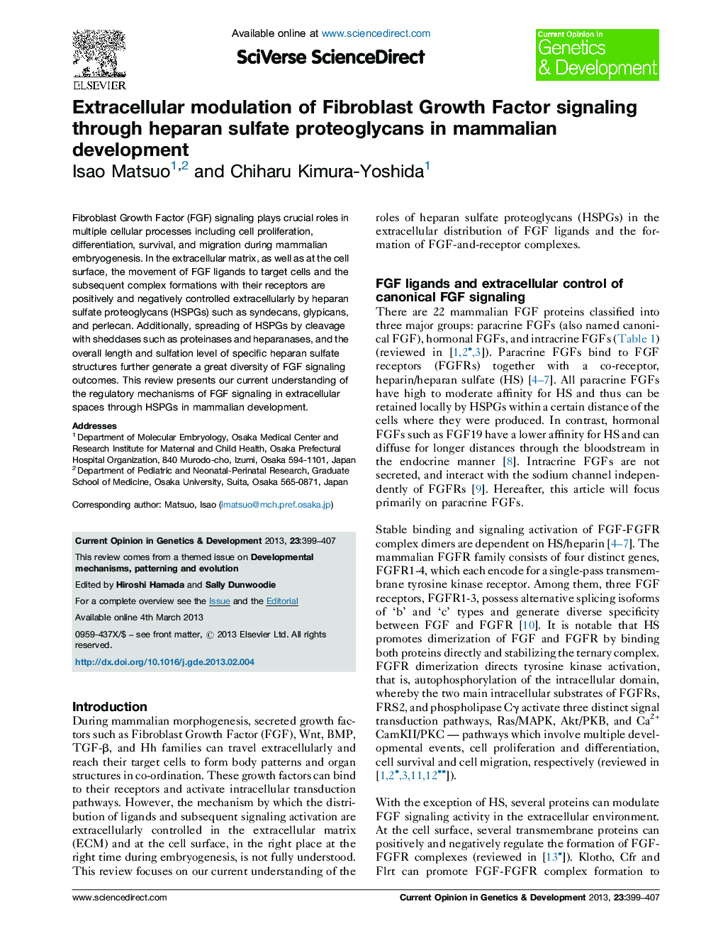 Extracellular modulation of Fibroblast Growth Factor signaling through heparan sulfate proteoglycans in mammalian development