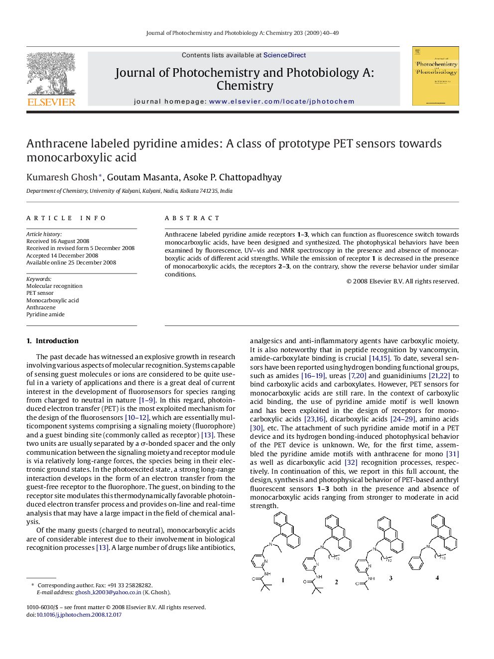 Anthracene labeled pyridine amides: A class of prototype PET sensors towards monocarboxylic acid