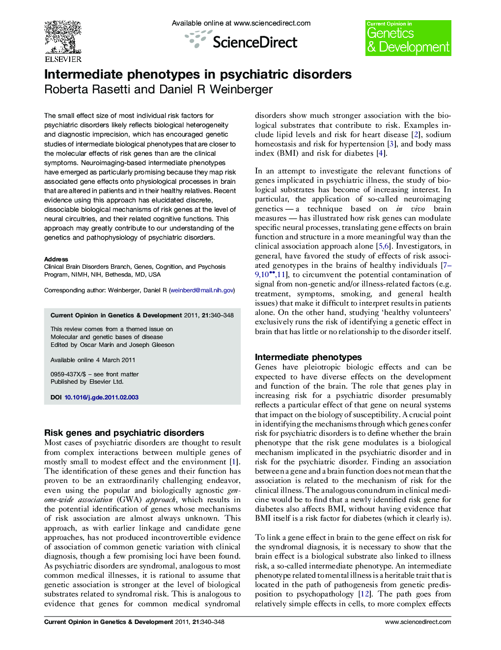 Intermediate phenotypes in psychiatric disorders