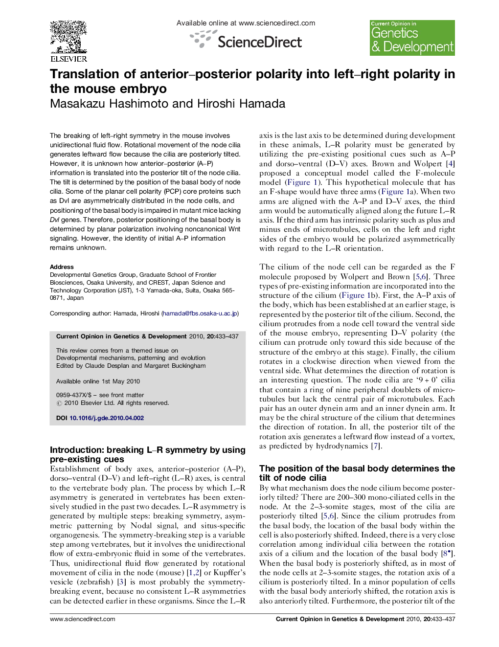 Translation of anterior–posterior polarity into left–right polarity in the mouse embryo
