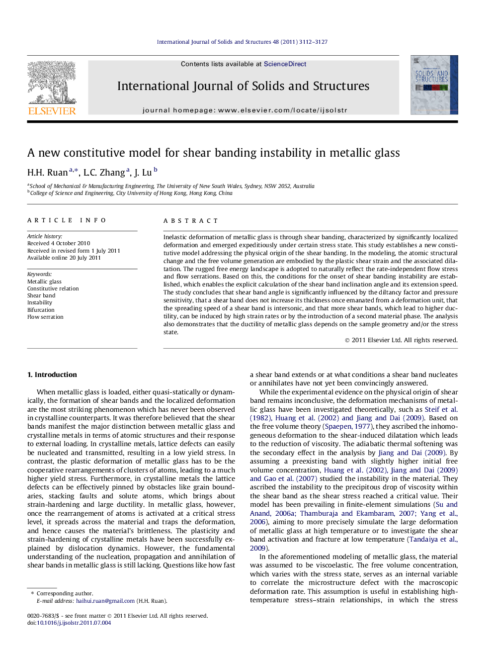 A new constitutive model for shear banding instability in metallic glass