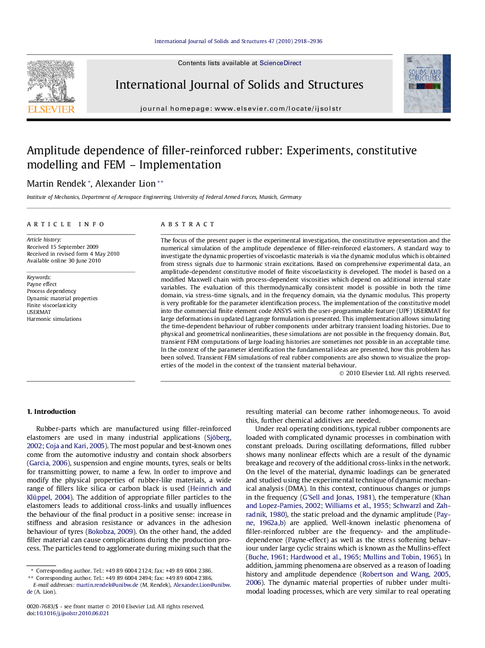 Amplitude dependence of filler-reinforced rubber: Experiments, constitutive modelling and FEM – Implementation