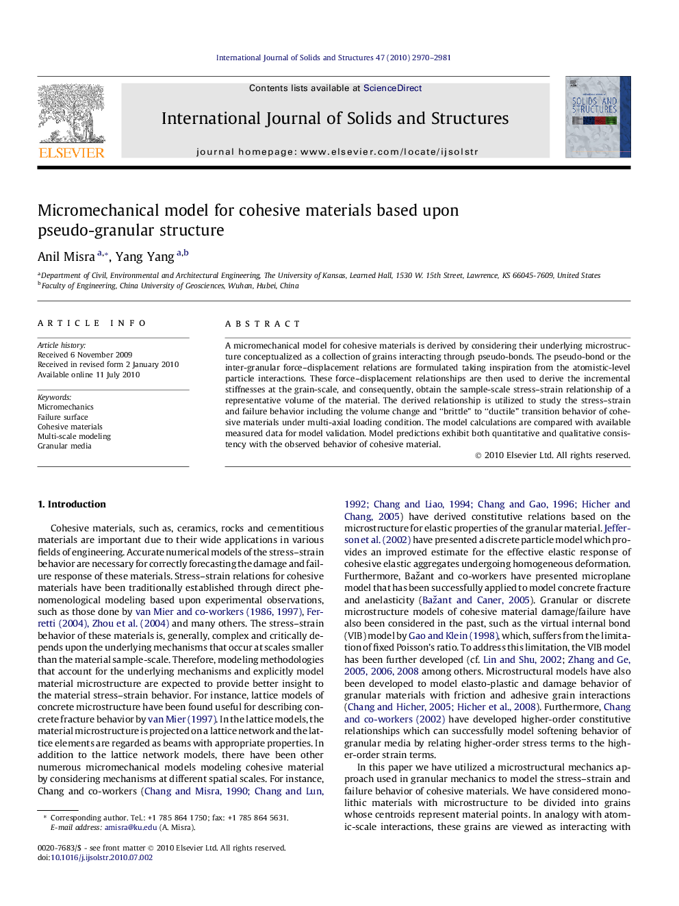 Micromechanical model for cohesive materials based upon pseudo-granular structure