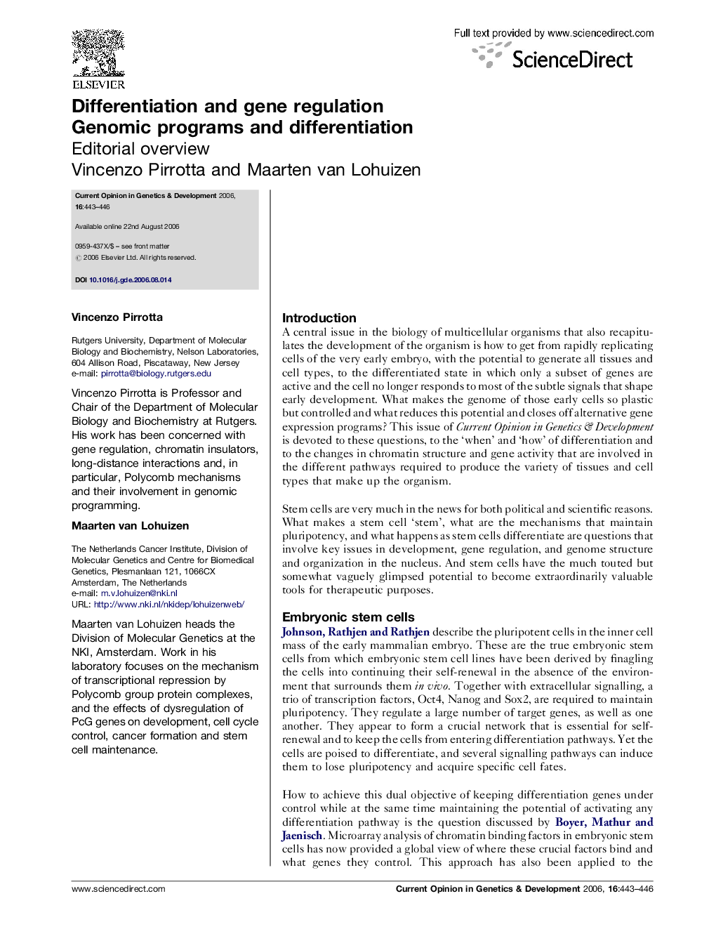 Differentiation and gene regulation