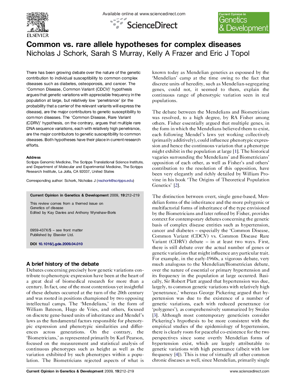Common vs. rare allele hypotheses for complex diseases