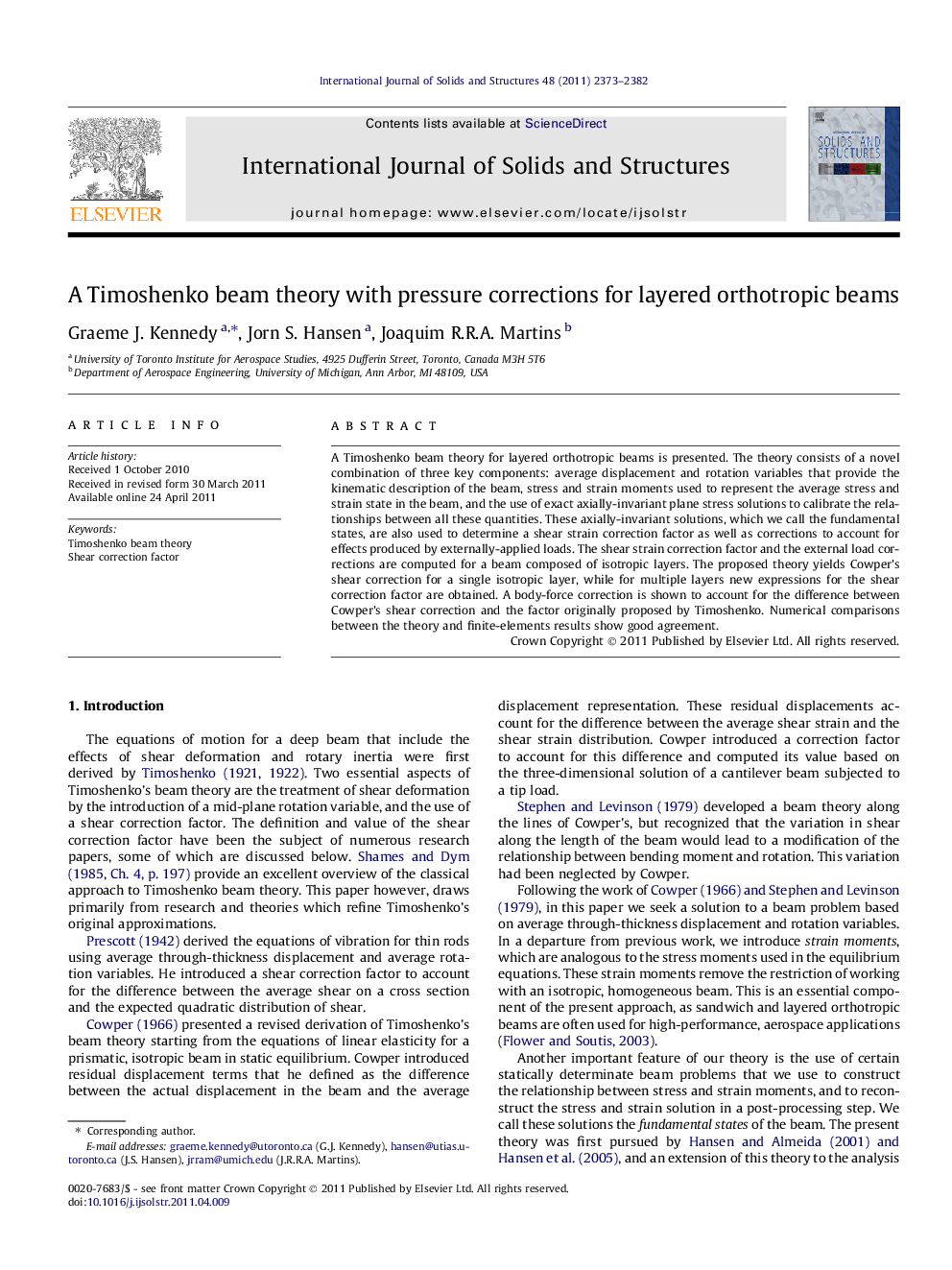 A Timoshenko beam theory with pressure corrections for layered orthotropic beams