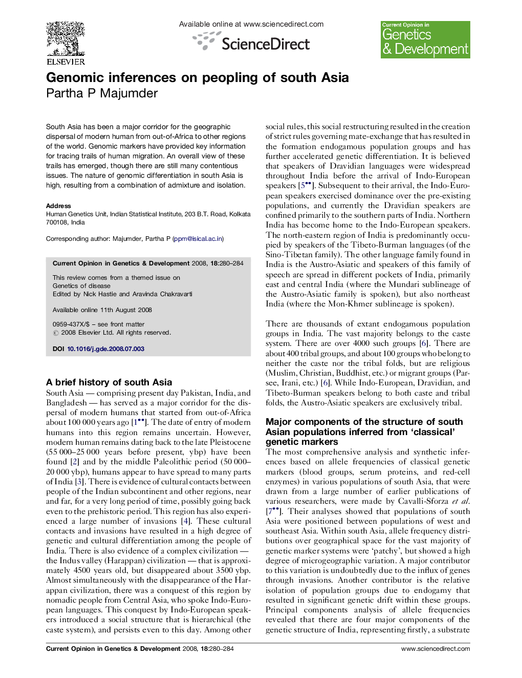 Genomic inferences on peopling of south Asia